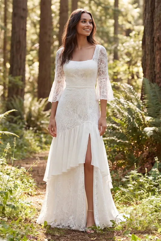 Ivory Lace Ruffle A Line 3/4 Sleeve Long Wedding Dress with Slit made by Wedtrend