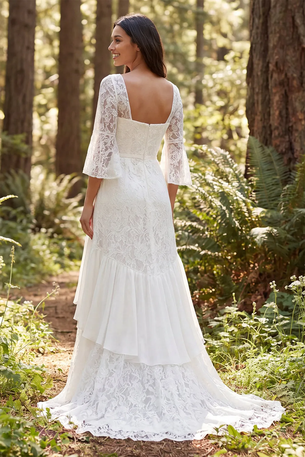 Ivory Lace Ruffle A Line 3/4 Sleeve Long Wedding Dress with Slit sold by Wedtrend product image thumbnail 2
