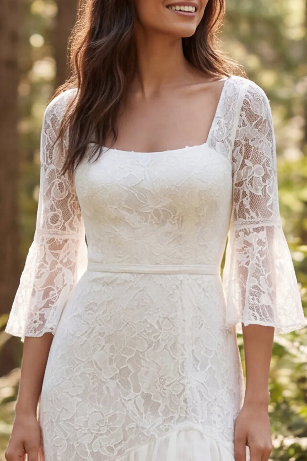 Ivory Lace Ruffle A Line 3/4 Sleeve Long Wedding Dress with Slit sold by Wedtrend product image thumbnail 3