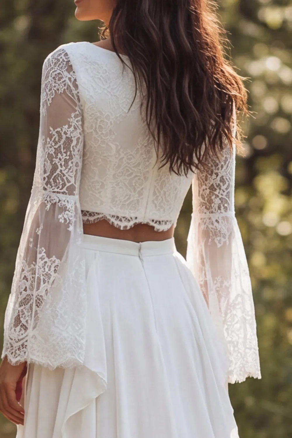 Ivory 2 Piece Ruffle A Line Lace Bateau Neck Long Sleeve Wedding Dress with Slit sold by Wedtrend product image thumbnail 4