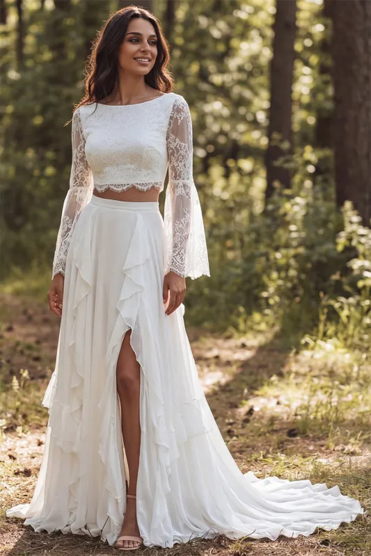 Ivory 2 Piece Ruffle A Line Lace Bateau Neck Long Sleeve Wedding Dress with Slit made by Wedtrend