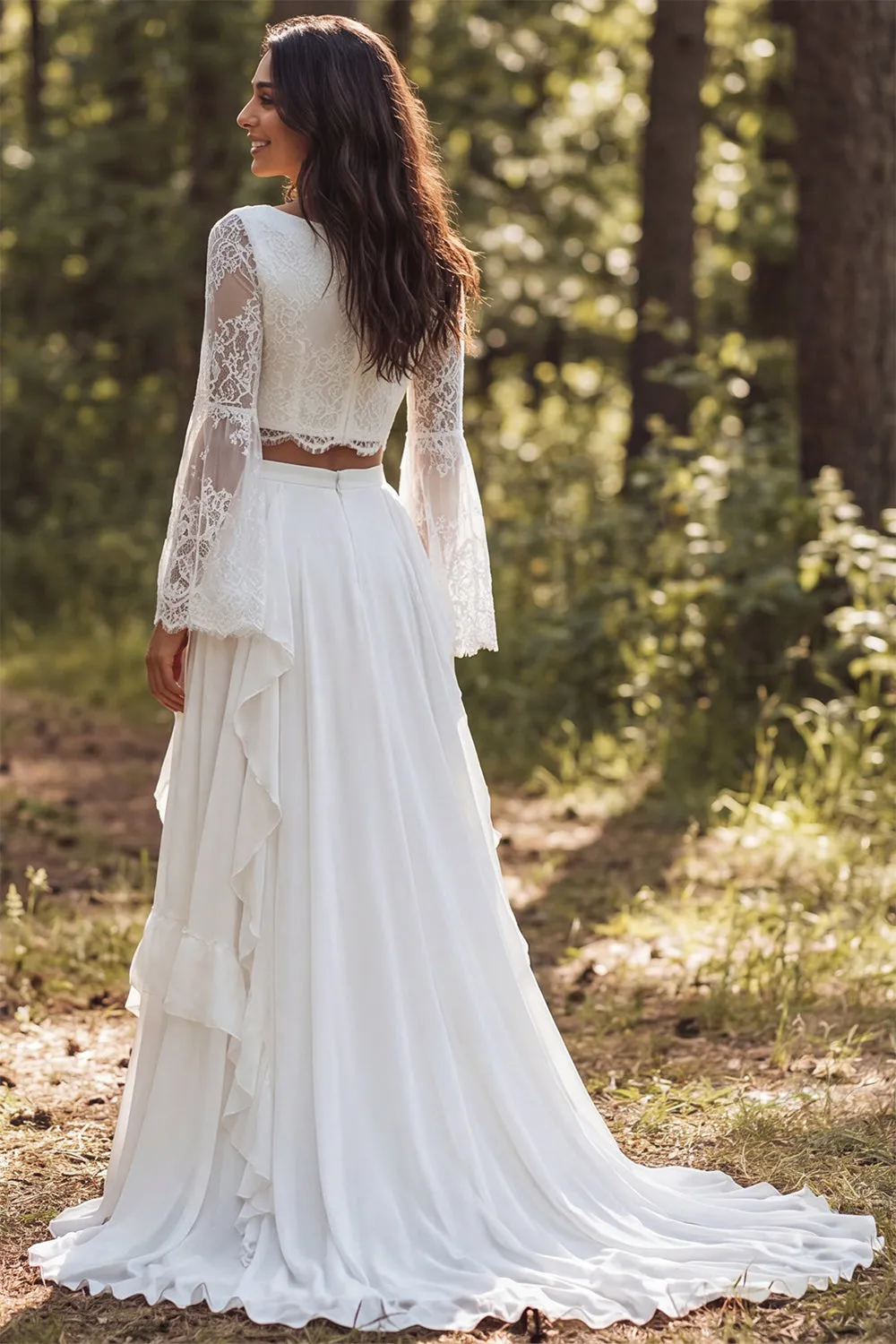 Ivory 2 Piece Ruffle A Line Lace Bateau Neck Long Sleeve Wedding Dress with Slit sold by Wedtrend product image thumbnail 2