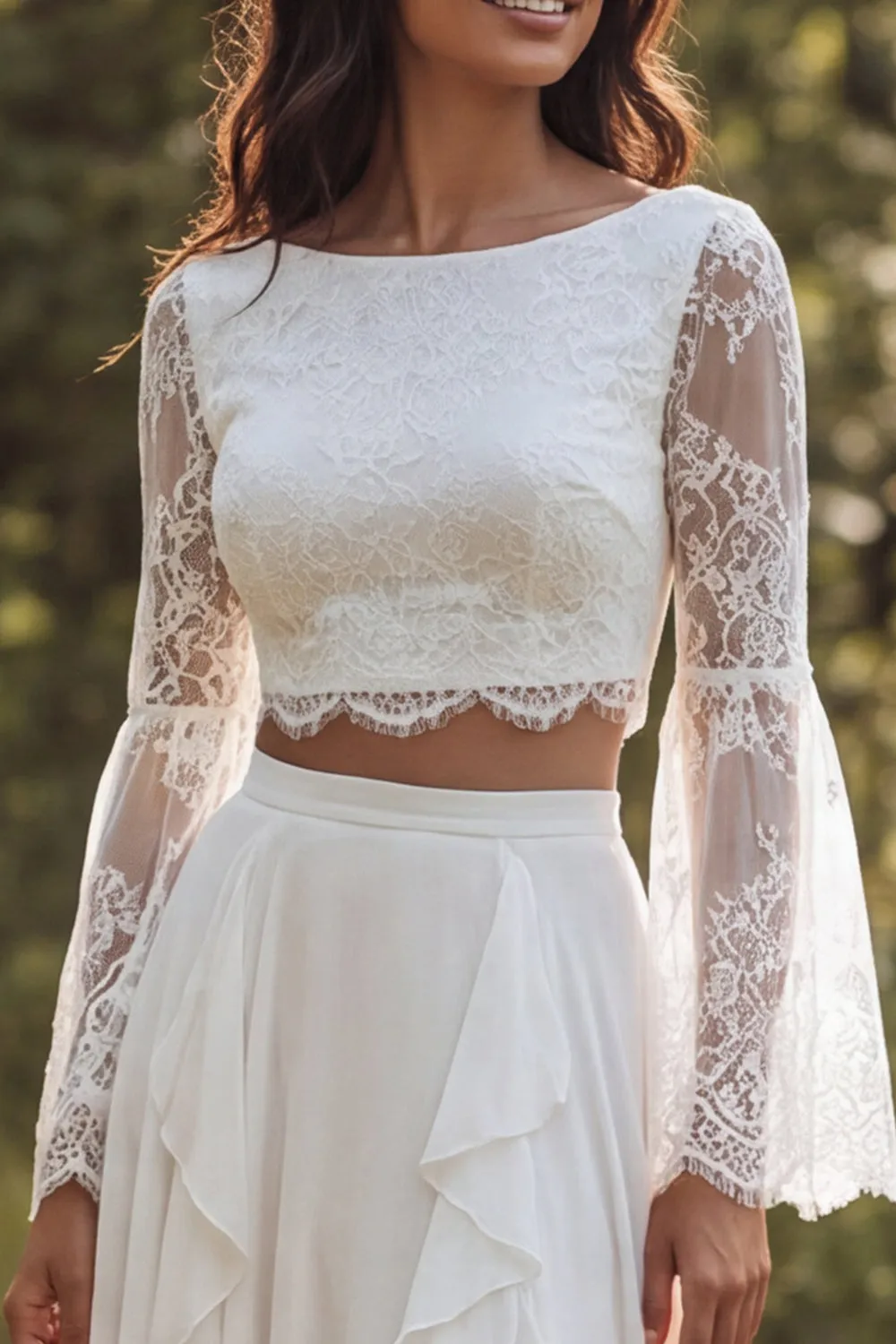 Ivory 2 Piece Ruffle A Line Lace Bateau Neck Long Sleeve Wedding Dress with Slit sold by Wedtrend product image thumbnail 3