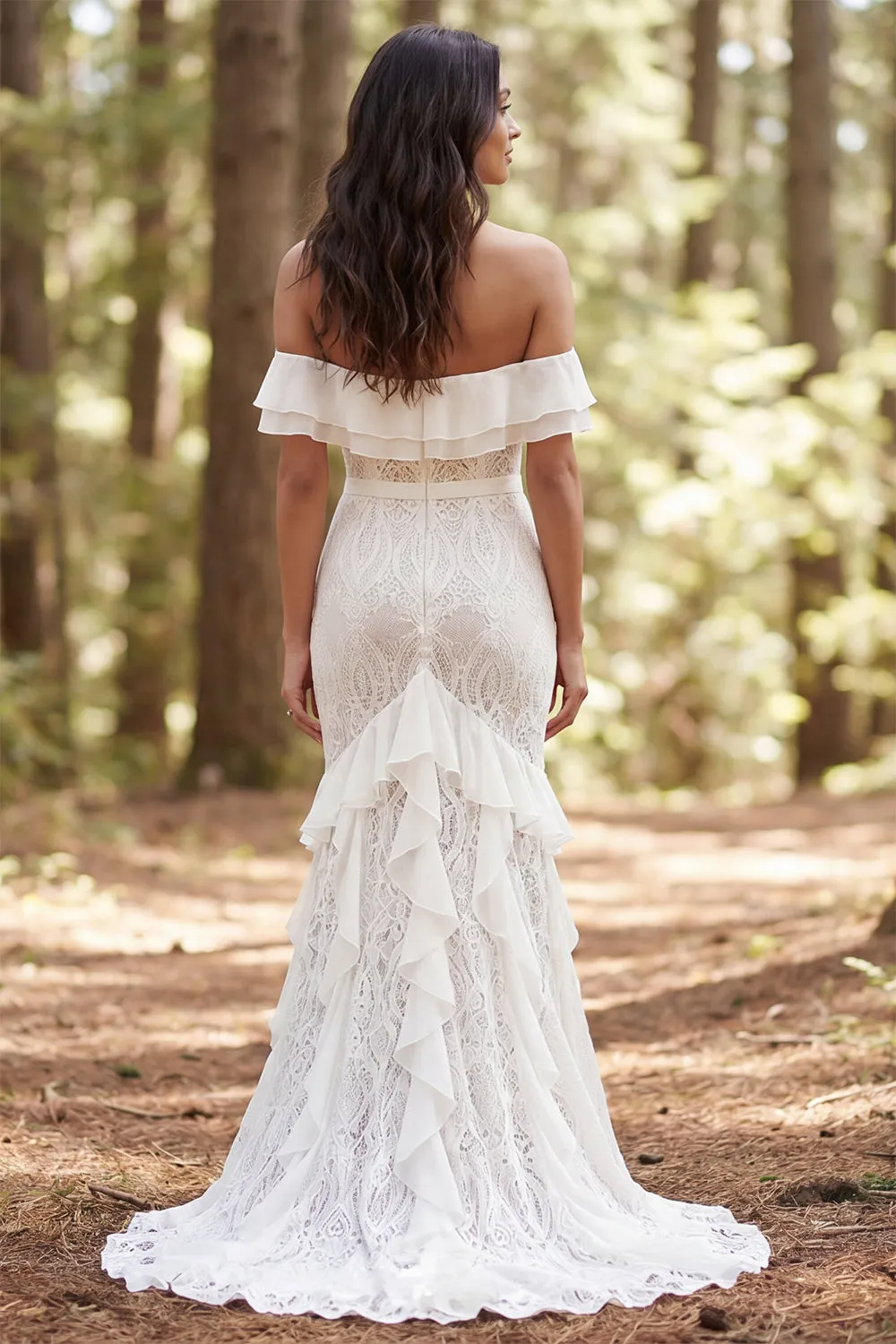 Boho Off the Shoulder Ivory Mermaid Lace Wedding Dress with Ruffle Slit sold by Wedtrend product image thumbnail 2