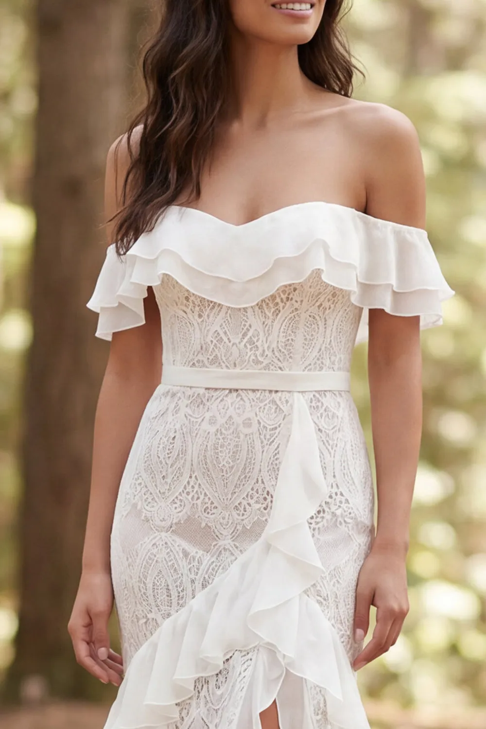 Boho Off the Shoulder Ivory Mermaid Lace Wedding Dress with Ruffle Slit sold by Wedtrend product image thumbnail 3