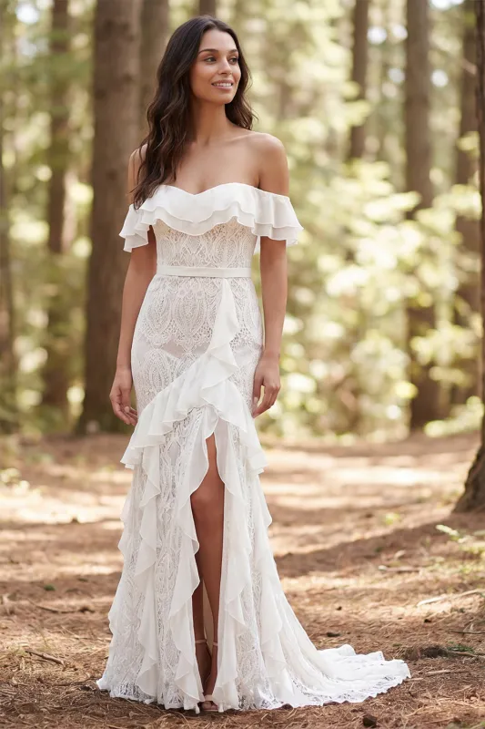 Boho Off the Shoulder Ivory Mermaid Lace Wedding Dress with Ruffle Slit made by Wedtrend