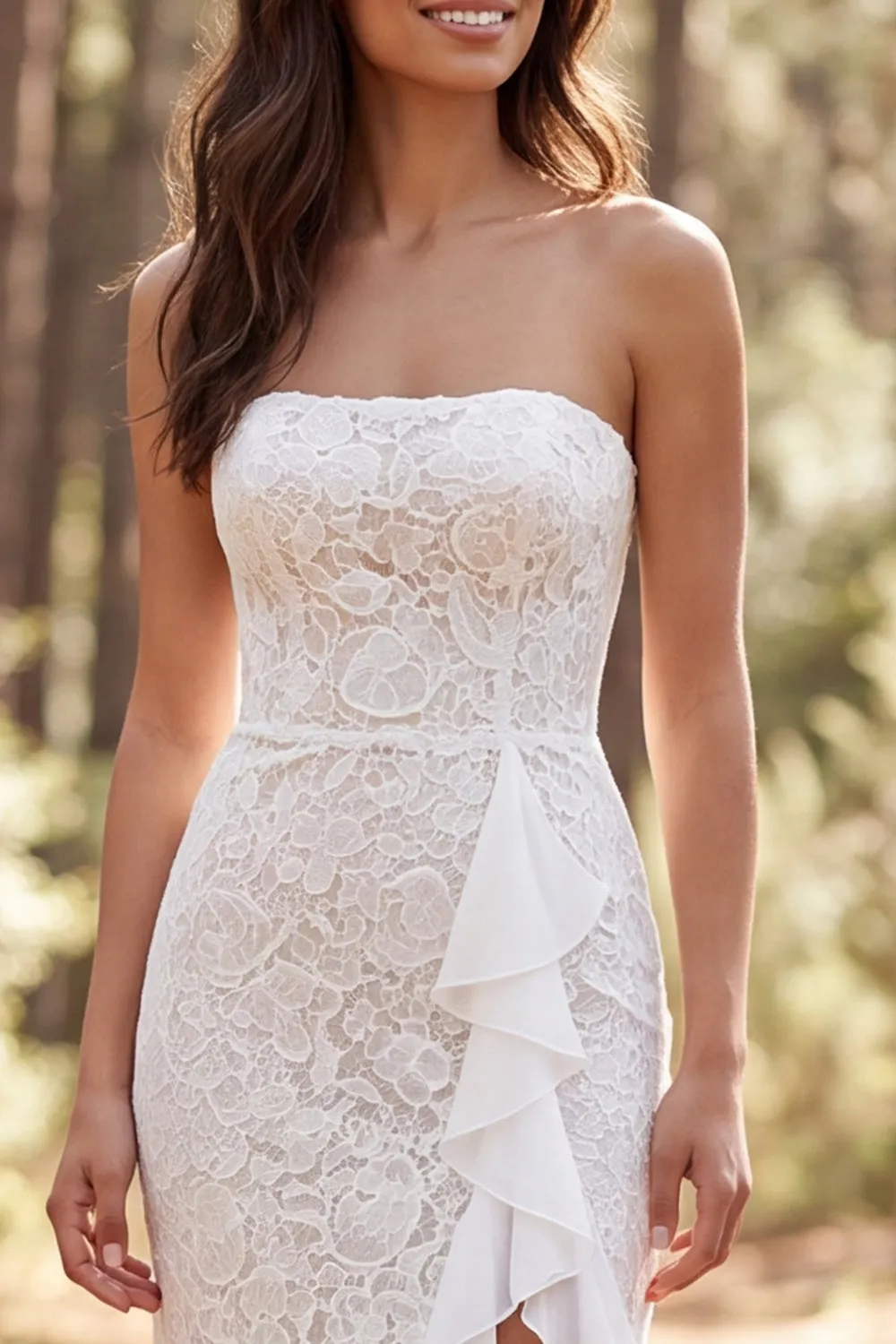 Strapless Ivory Lace Mermaid Wedding Dress with Ruffled Slit sold by Wedtrend product image thumbnail 3