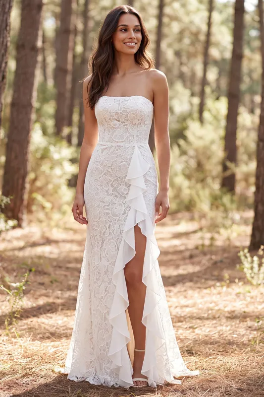 Strapless Ivory Lace Mermaid Wedding Dress with Ruffled Slit made by Wedtrend