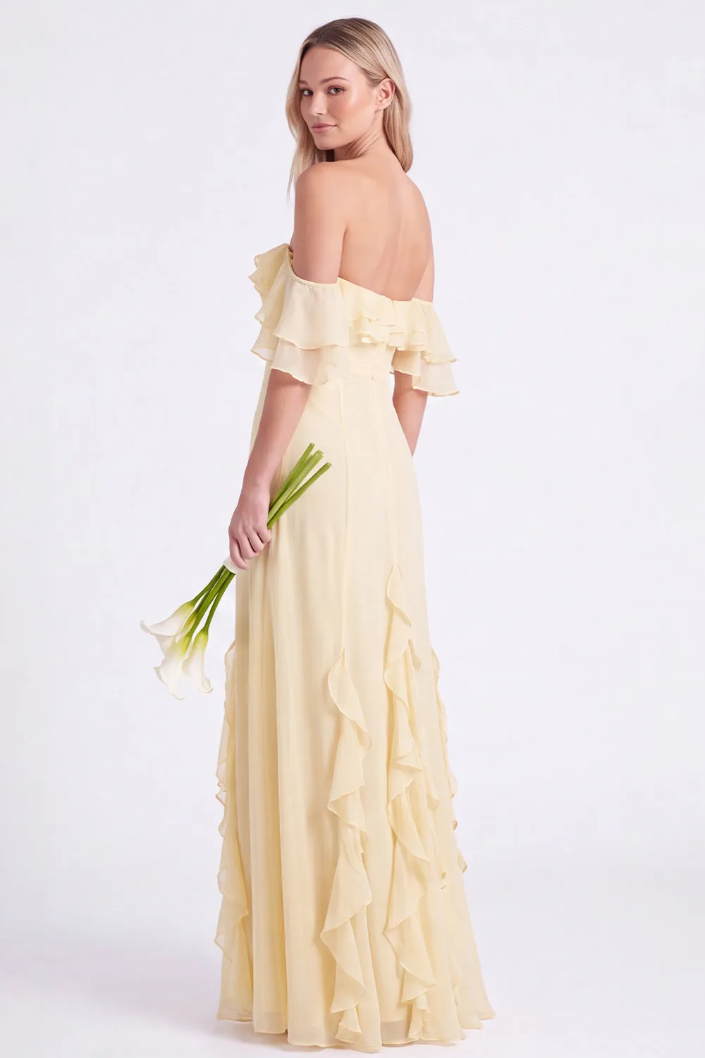 Daffodil Off the Shoulder Ruffle Chiffon A Line Long Bridesmaid Dress sold by Wedtrend product image thumbnail 3