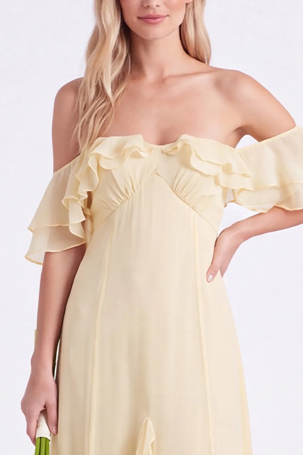 Daffodil Off the Shoulder Ruffle Chiffon A Line Long Bridesmaid Dress sold by Wedtrend product image thumbnail 4
