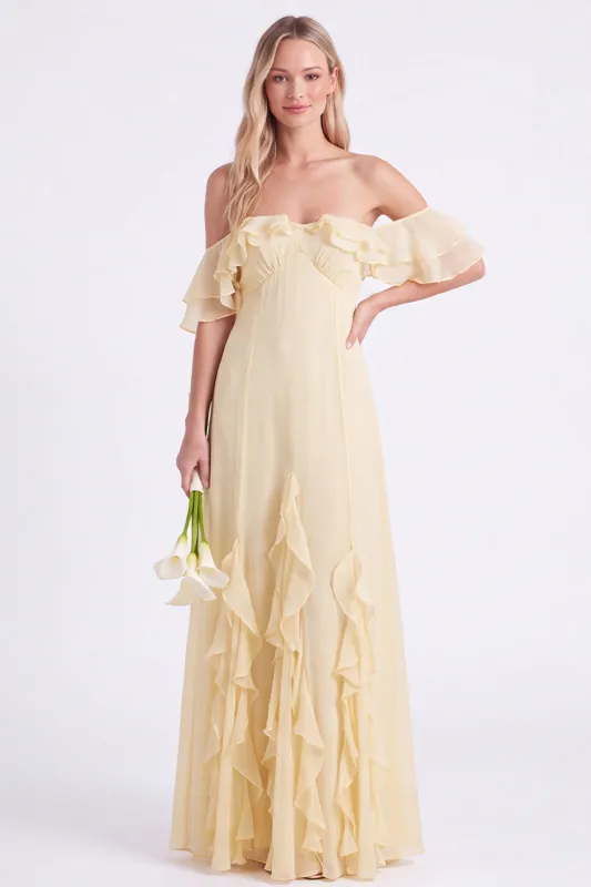 Daffodil Off the Shoulder Ruffle Chiffon A Line Long Bridesmaid Dress made by Wedtrend