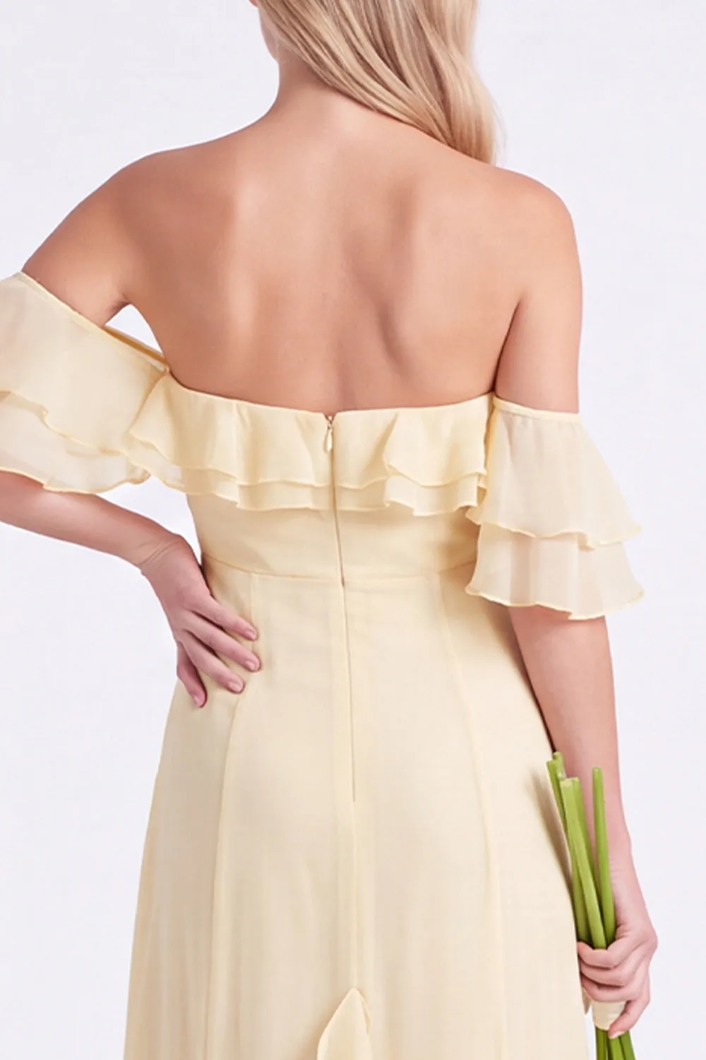 Daffodil Off the Shoulder Ruffle Chiffon A Line Long Bridesmaid Dress sold by Wedtrend product image thumbnail 5