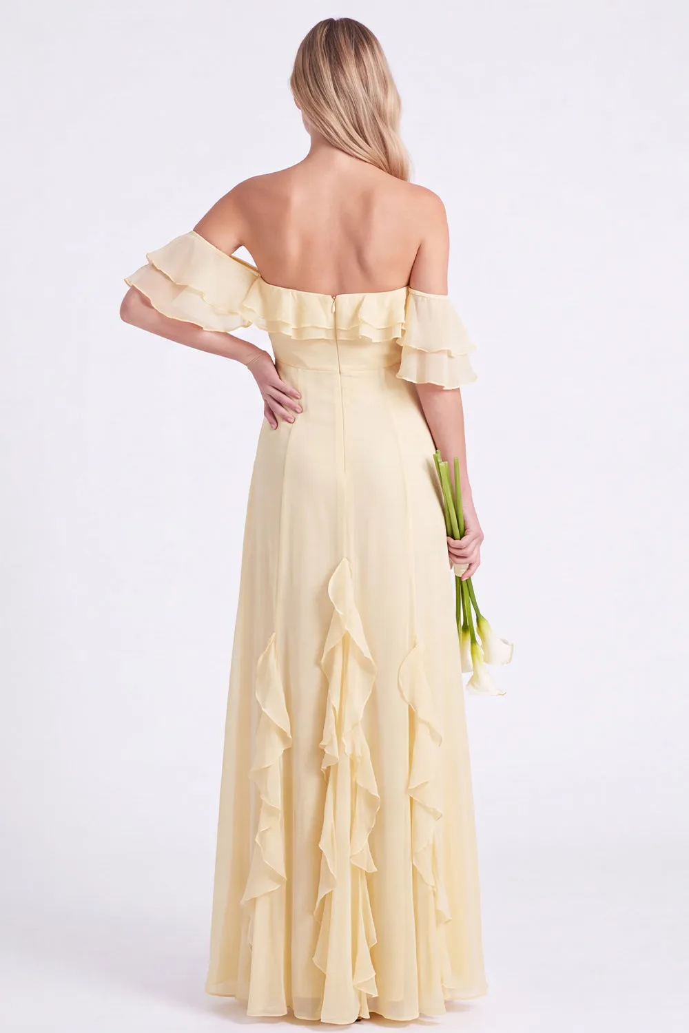 Daffodil Off the Shoulder Ruffle Chiffon A Line Long Bridesmaid Dress sold by Wedtrend product image thumbnail 2