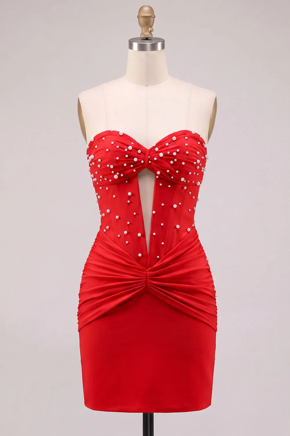 Red Strapless Ruched Bodycon Corset Homecoming Dress with Pearls sold by Wedtrend product image thumbnail 2