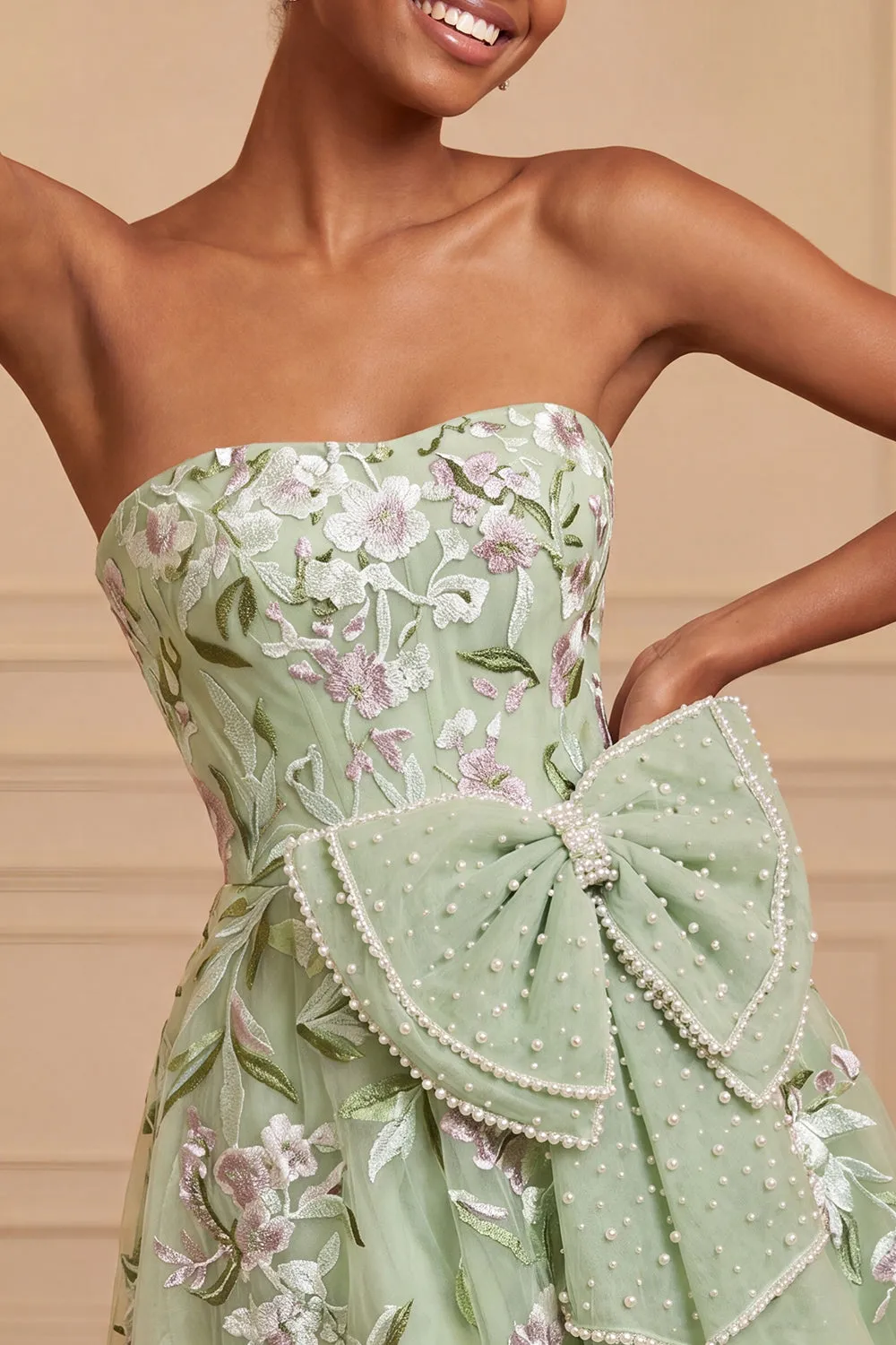 Strapless Sage Green Embroidered Pearl A Line Homecoming Dress with Bow sold by Wedtrend product image thumbnail 3