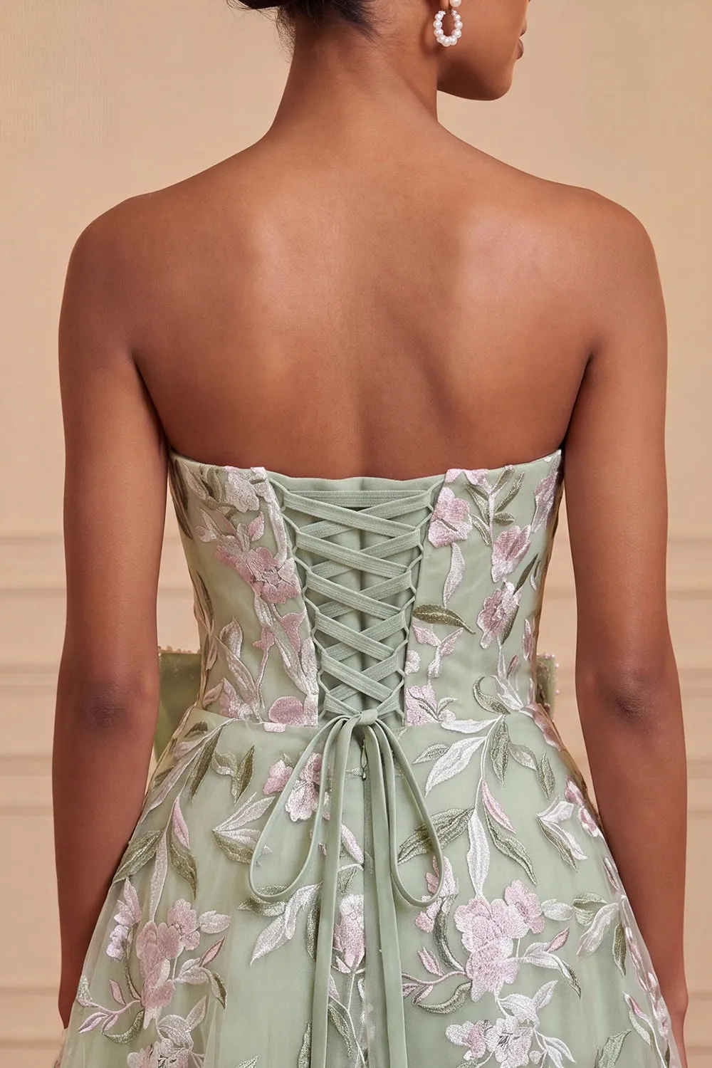 Strapless Sage Green Embroidered Pearl A Line Homecoming Dress with Bow sold by Wedtrend product image thumbnail 4