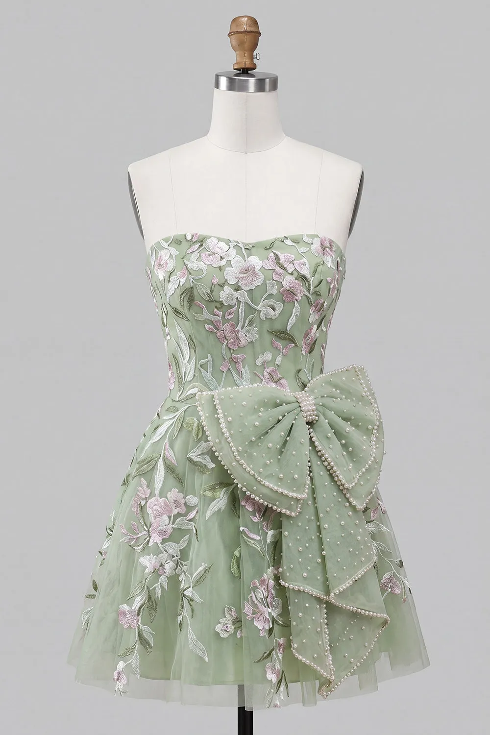 Strapless Sage Green Embroidered Pearl A Line Homecoming Dress with Bow sold by Wedtrend product image thumbnail 5