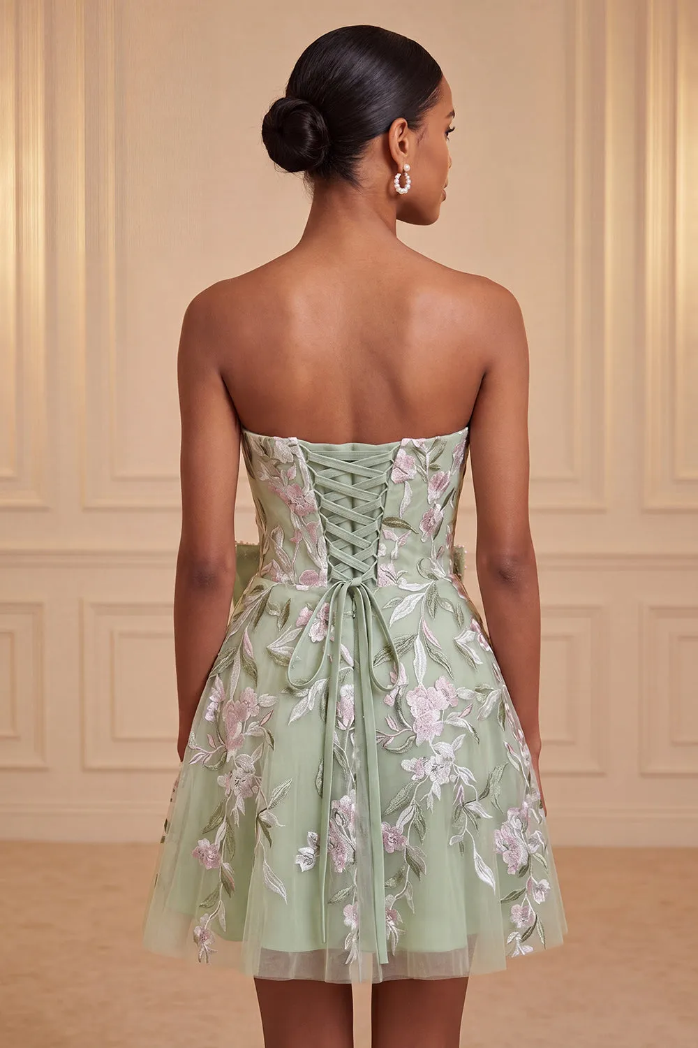 Strapless Sage Green Embroidered Pearl A Line Homecoming Dress with Bow sold by Wedtrend product image thumbnail 2