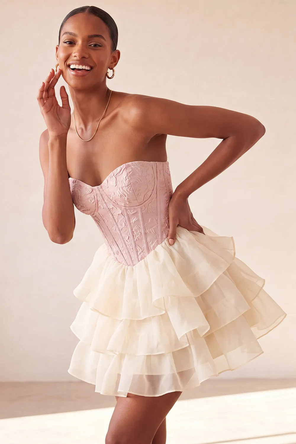Pink Sweetheart A Line Tiered Jacquard Corset Homecoming Dress with Lace-up Back sold by Wedtrend product image thumbnail 3