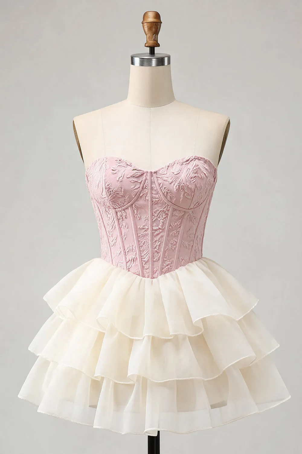 Pink Sweetheart A Line Tiered Jacquard Corset Homecoming Dress with Lace-up Back sold by Wedtrend