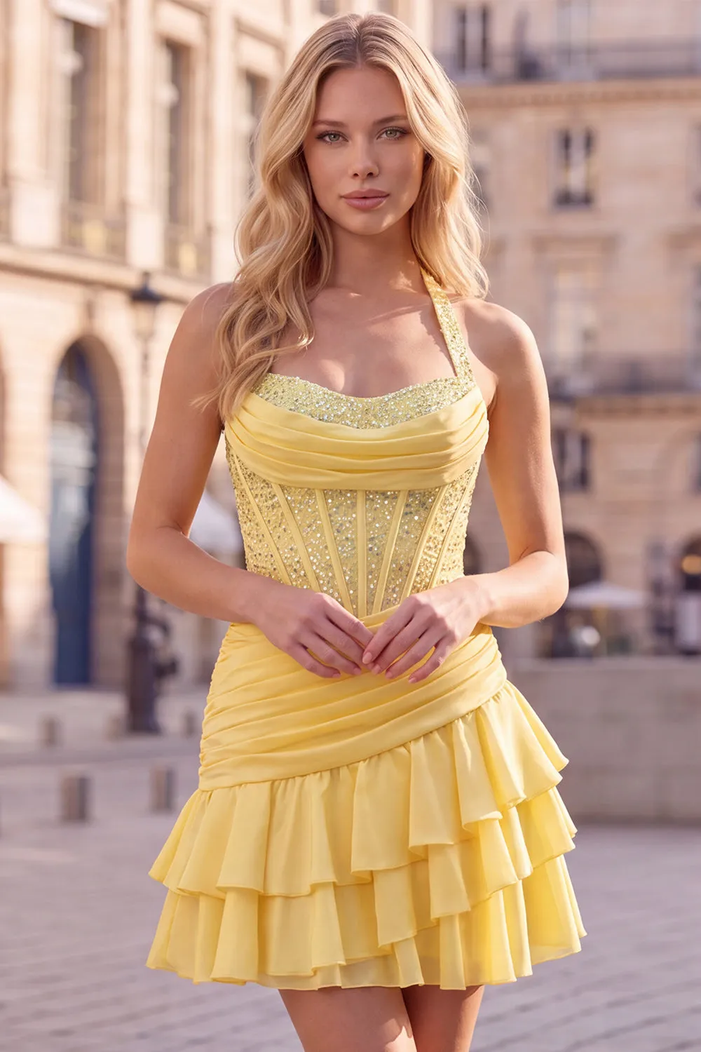 Daffodil Halter Beaded Ruched Tiered Ruffle Corset Homecoming Dress sold by Wedtrend