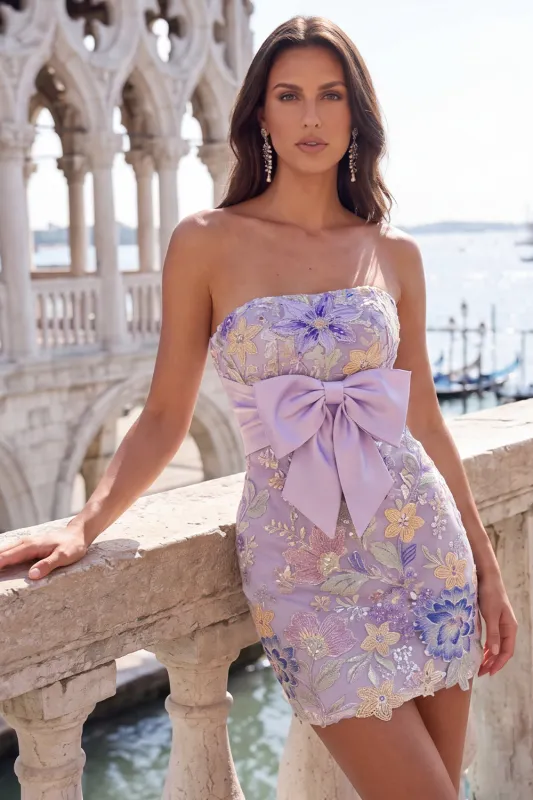 Bodycon Lilac Strapless Floral Sequin Homecoming Dress with Bow made by Wedtrend