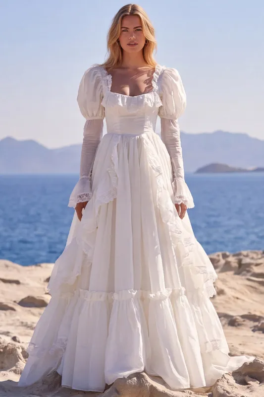 White A Line Lace Ruffled Long Sleeve Wedding Dress made by Wedtrend