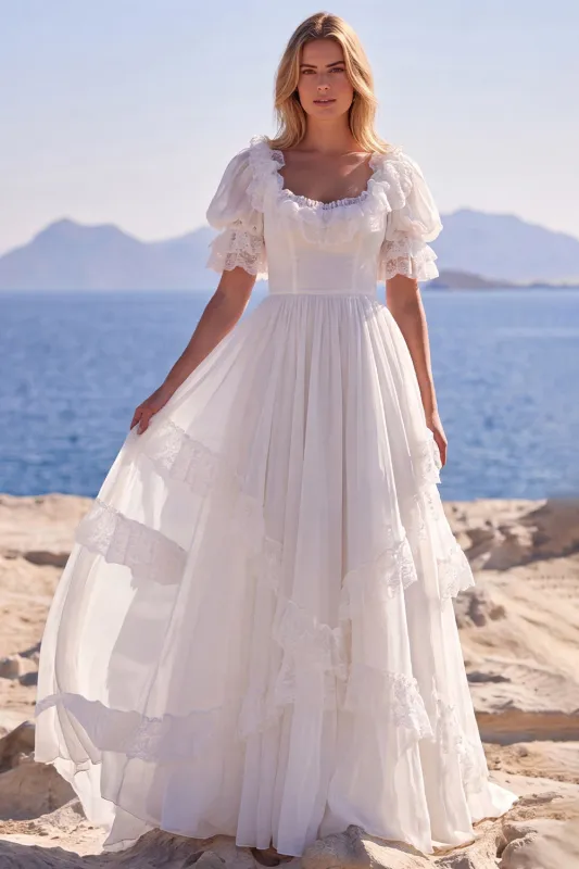 Boho White Lace A Line Wedding Dress with Puff Sleeves made by Wedtrend