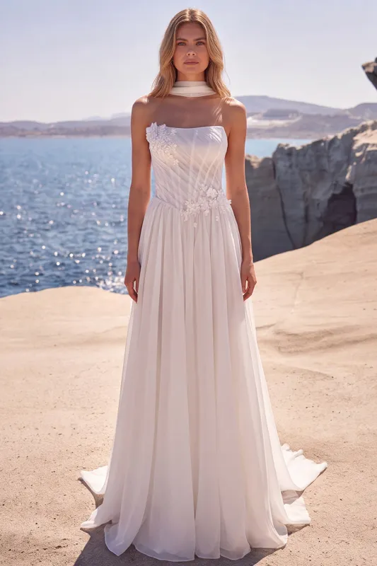 Corset White Strapless A Line Wedding Dress with Ribbon made by Wedtrend
