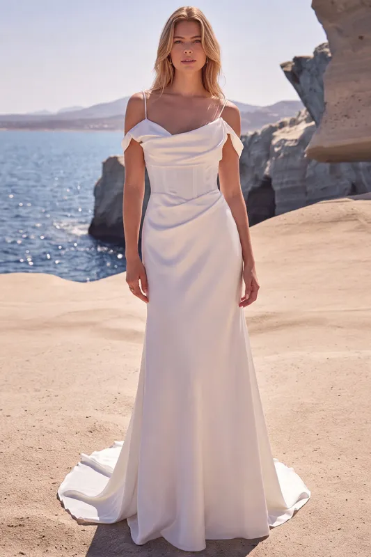 Cold Shoulder Mermaid Corset White Wedding Dress with Court Train made by Wedtrend