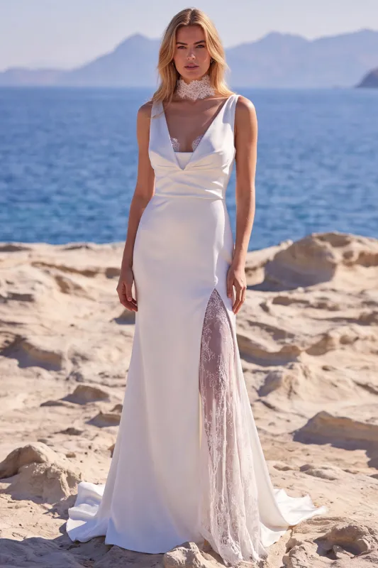 Mermaid Satin White V Neck Wedding Dress with Lace made by Wedtrend