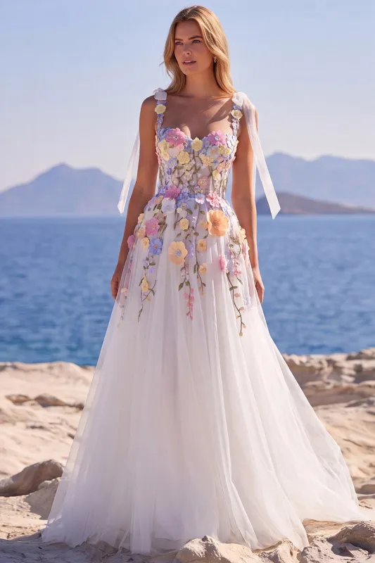 White A Line Tulle Wedding Dress with 3D Flowers made by Wedtrend