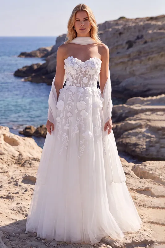Sweetheart 3D Flower Applique White A Line Wedding Dress with Scarf made by Wedtrend
