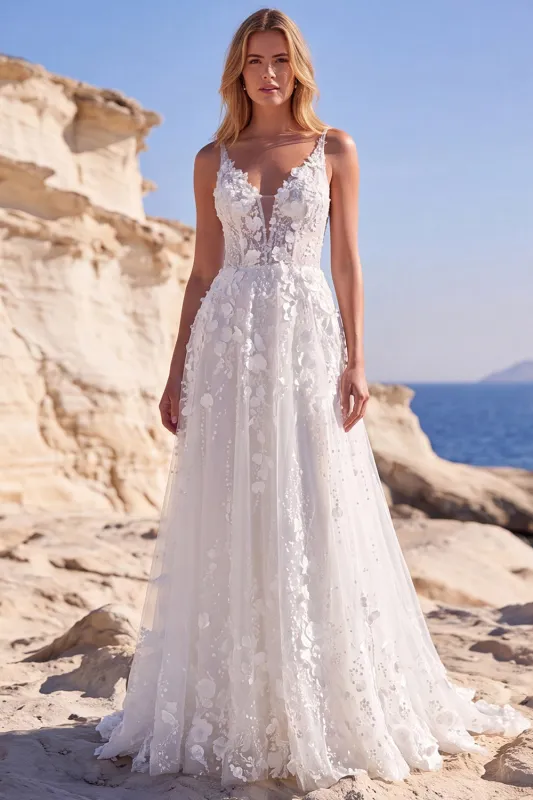White A Line 3D Flower Long Wedding Dress with Lace-up Back made by Wedtrend