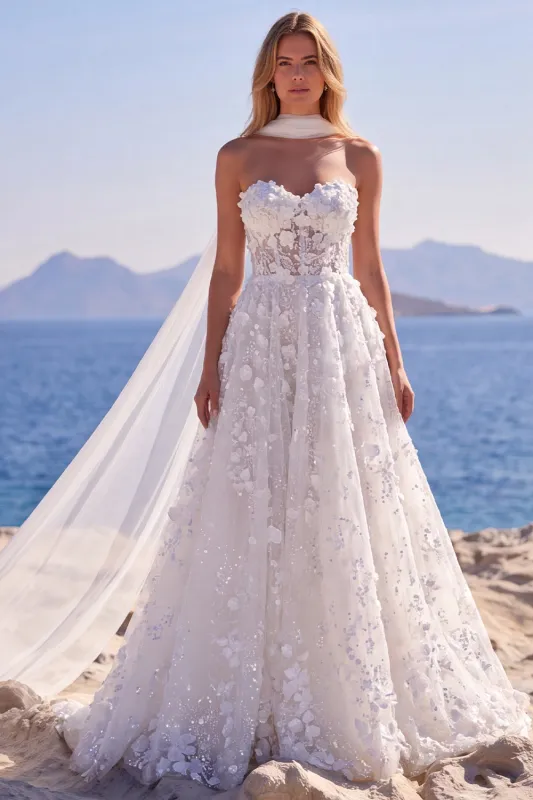 Sweetheart Sequin Floral Corset A Line White Wedding Dress with Scarf made by Wedtrend