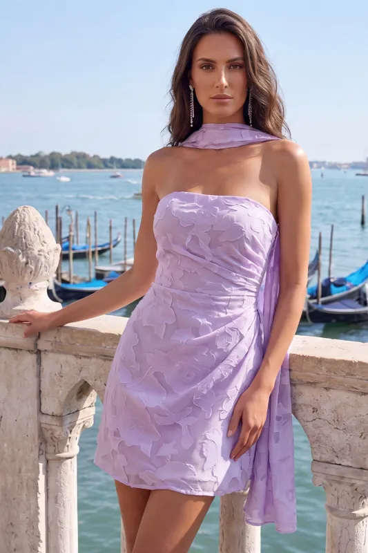 Strapless Lilac Ruched Floral Tight Homecoming Dress with Sash made by Wedtrend