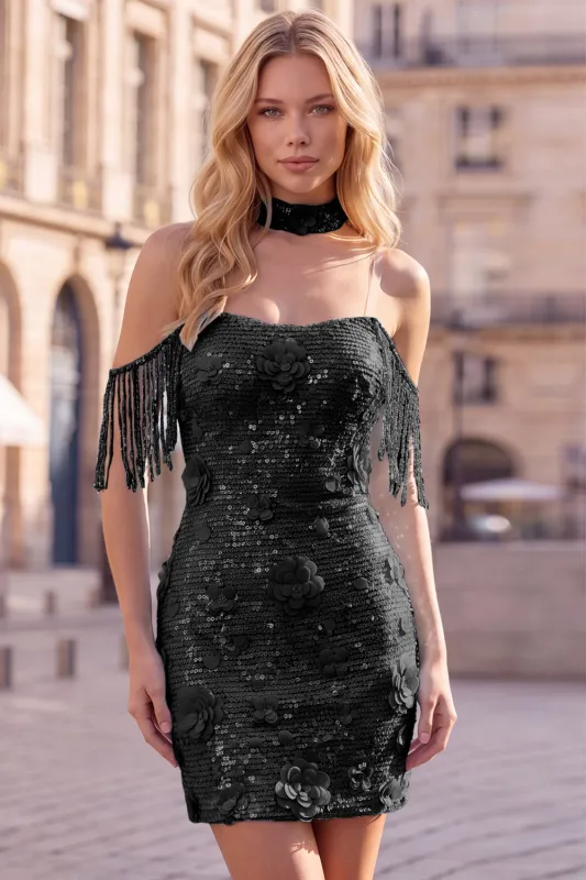 Off the Shoulder Sequin 3D Flower Fringed Bodycon Black Homecoming Dress made by Wedtrend