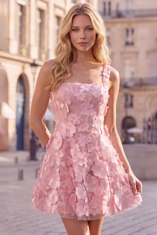 Pink Square Neck 3D Flower Applique A Line Homecoming Dress made by Wedtrend