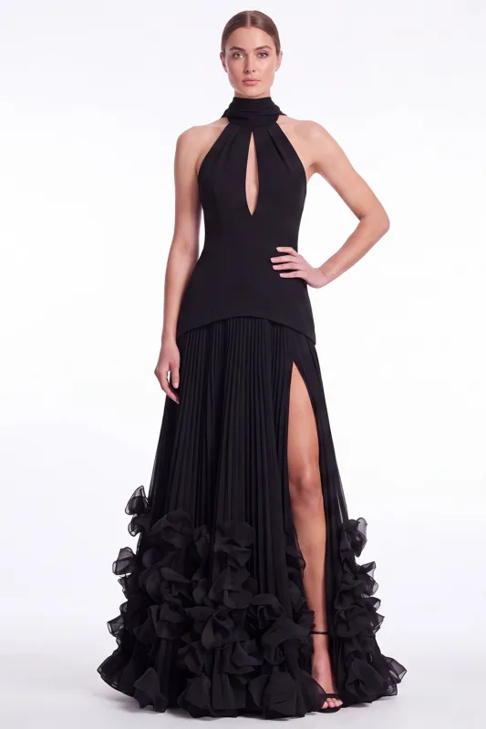 Halter Keyhole Black A Line Pleated Ruffle Formal Dress with Slit made by Wedtrend