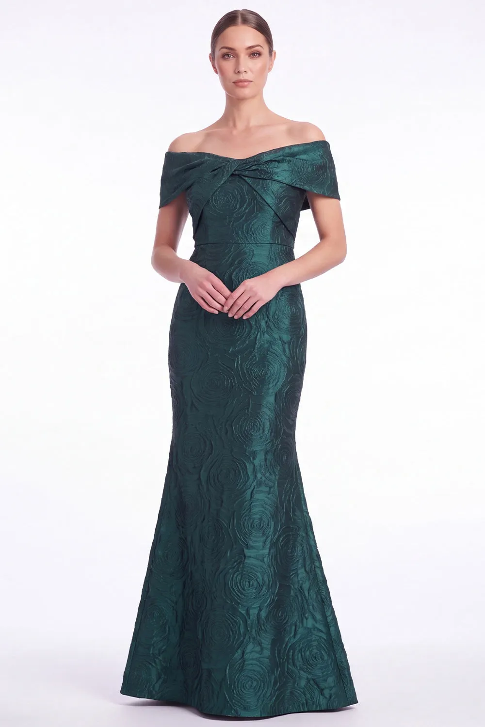 Mermaid Off the Shoulder Jacquard Dark Green Formal Dress sold by Wedtrend