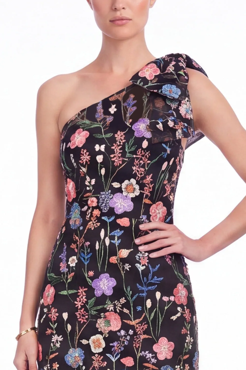One Shoulder Black Floral Embroidered Mermaid Maxi Dress with Bow sold by Wedtrend product image thumbnail 4
