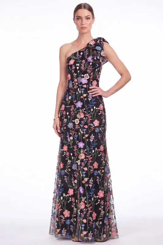 One Shoulder Black Floral Embroidered Mermaid Maxi Dress with Bow made by Wedtrend