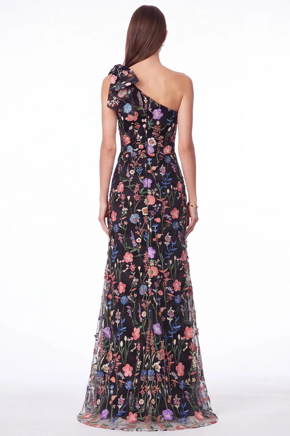 One Shoulder Black Floral Embroidered Mermaid Maxi Dress with Bow sold by Wedtrend product image thumbnail 2