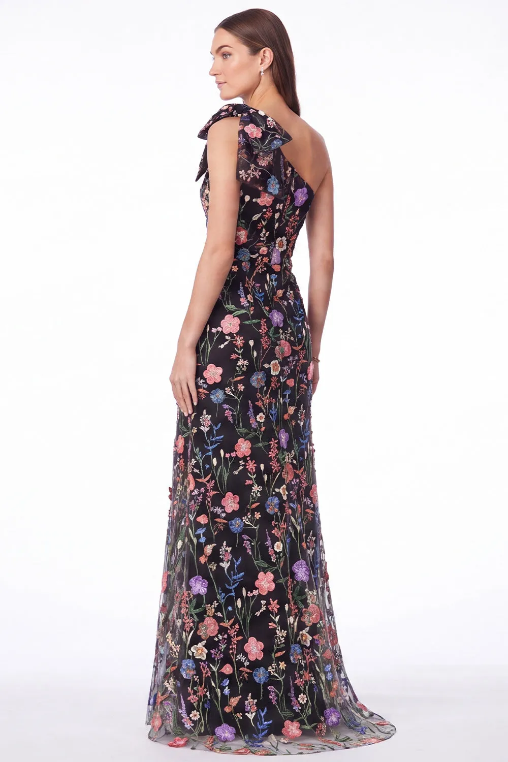One Shoulder Black Floral Embroidered Mermaid Maxi Dress with Bow sold by Wedtrend product image thumbnail 3