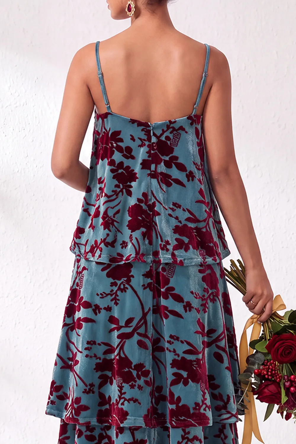Blue Burgundy Flower A Line Tiered Burnout Velvet Bridesmaid Dress sold by Wedtrend product image thumbnail 4
