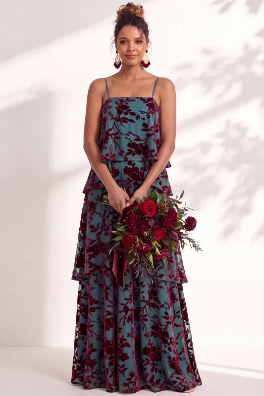 Blue Burgundy Flower A Line Tiered Burnout Velvet Bridesmaid Dress made by Wedtrend