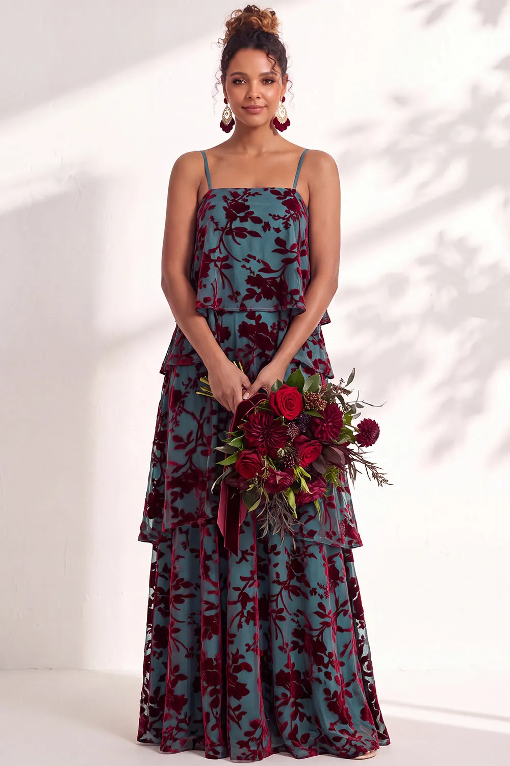 Blue Burgundy Flower A Line Tiered Burnout Velvet Bridesmaid Dress sold by Wedtrend