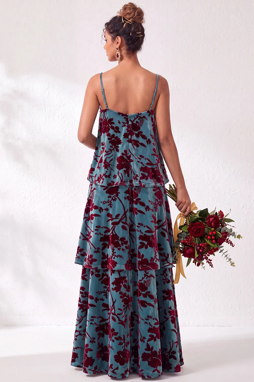 Blue Burgundy Flower A Line Tiered Burnout Velvet Bridesmaid Dress sold by Wedtrend product image thumbnail 2