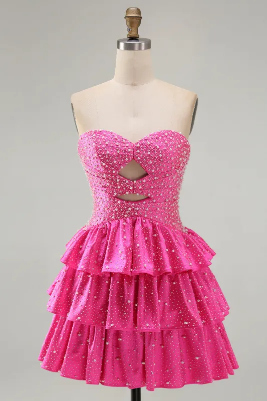 Strapless Fuchsia A Line Tiered Cut Out Beaded Pearl Homecoming Dress made by Wedtrend