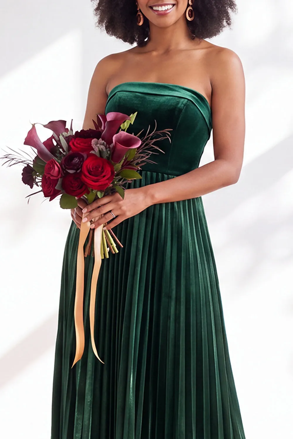 Strapless Velvet Pleated A Line Dark Green Bridesmaid Dress sold by Wedtrend product image thumbnail 3